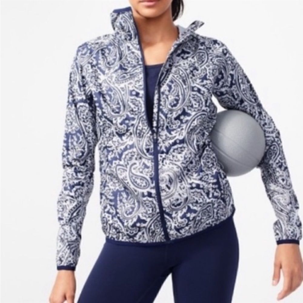 New Balance/J Crew navy paisley hooded wind breaker rain resistant sz S - Picture 1 of 9